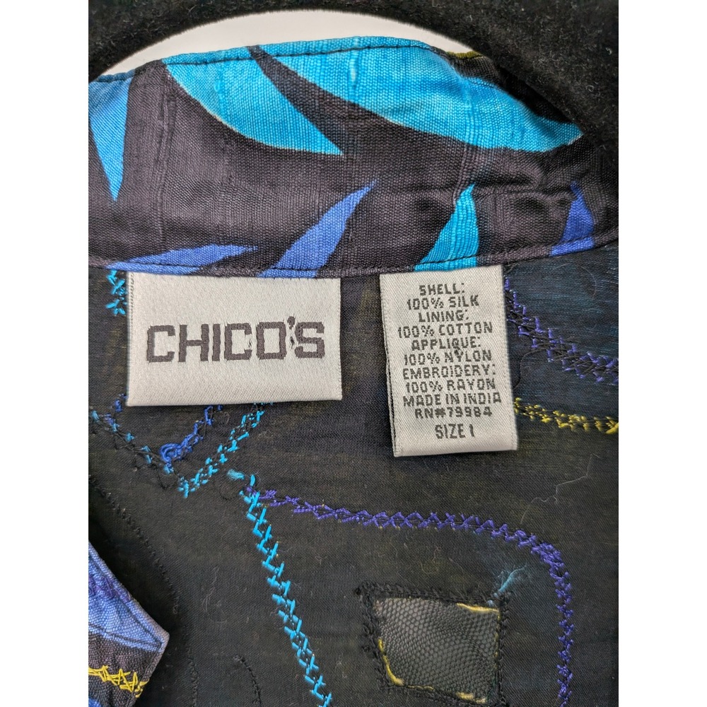 Chicos Silk Jacket Women Medium Blue Floral Art To Wear Embroidered Open Front - Picture 4 of 7